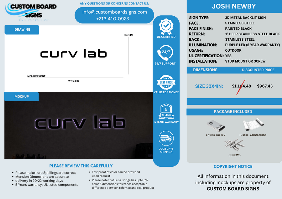 3D METAL BACKLIT SIGN FOR JOSH NEWBY