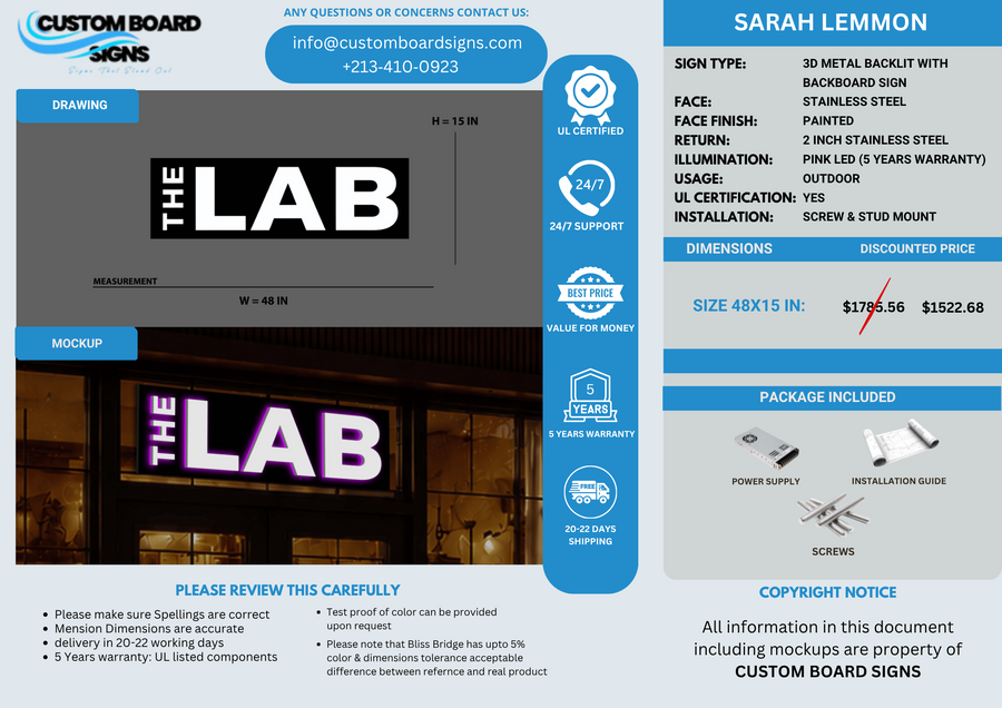 3D METAL BACKLIT WITH BACKBOARD FOR SARAH LEMMON SIGN