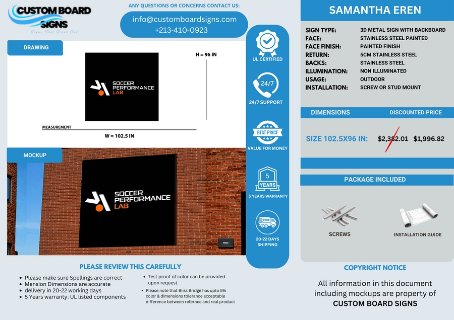 3D METAL SIGN WITH BACKBOARD FOR SAMANTHA EREN